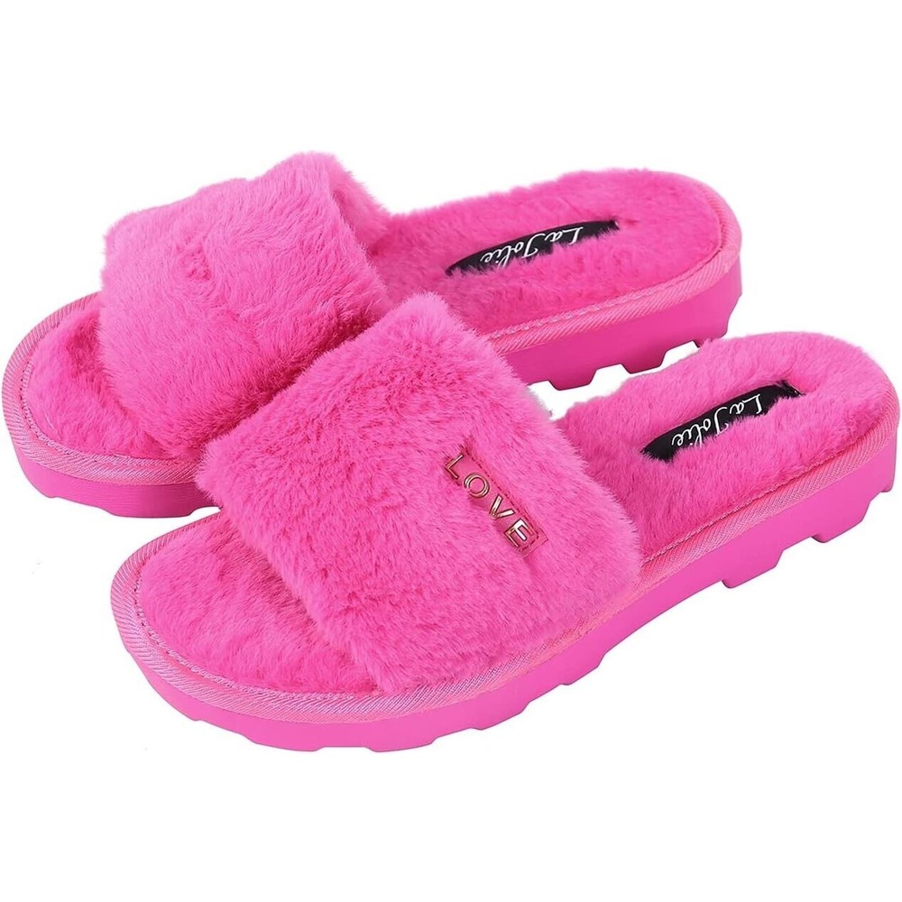 La Jolie Unisex Adult Pink Indoor/Outdoor Faux Fur Slide Sandal Slippers US 9